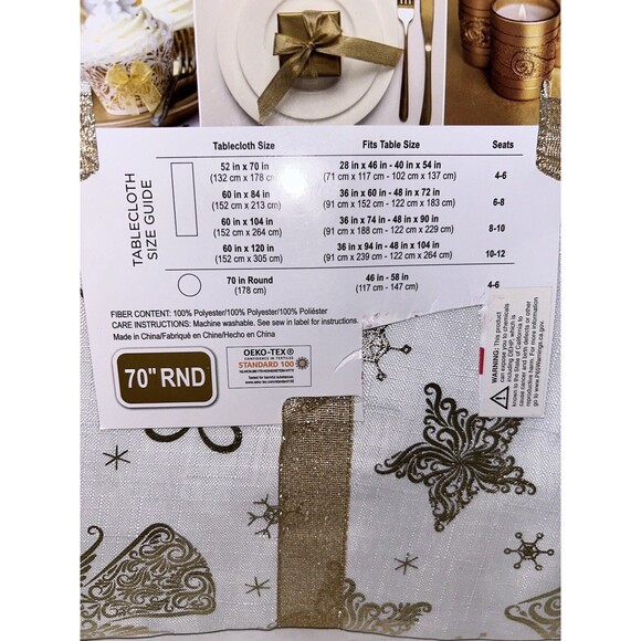 70" round tablecloth white with gold holiday pattern ornaments - Picture 5 of 9